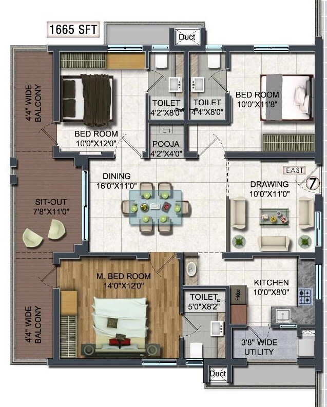 Floor plan of 3 BHK 1665 Sq. Ft. Apartment in Raghuram A2A Life Spaces, Hyderabad