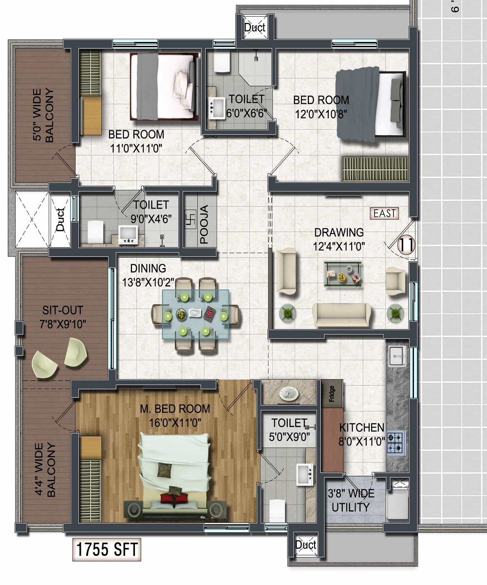 Floor plan of 3 BHK 1755 Sq. Ft. Apartment in Raghuram A2A Life Spaces, Hyderabad