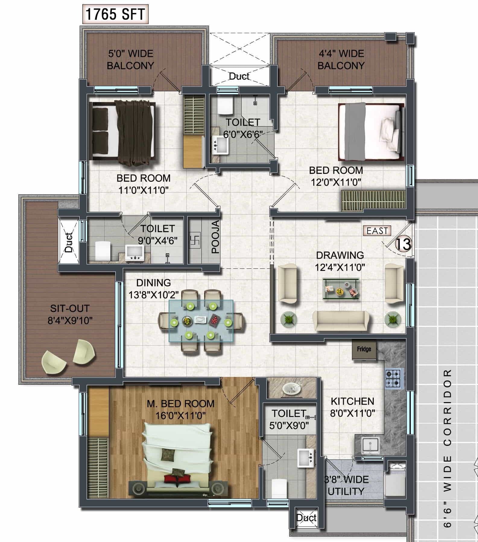 Floor plan of 3 BHK 1765 Sq. Ft. Apartment in Raghuram A2A Life Spaces, Hyderabad