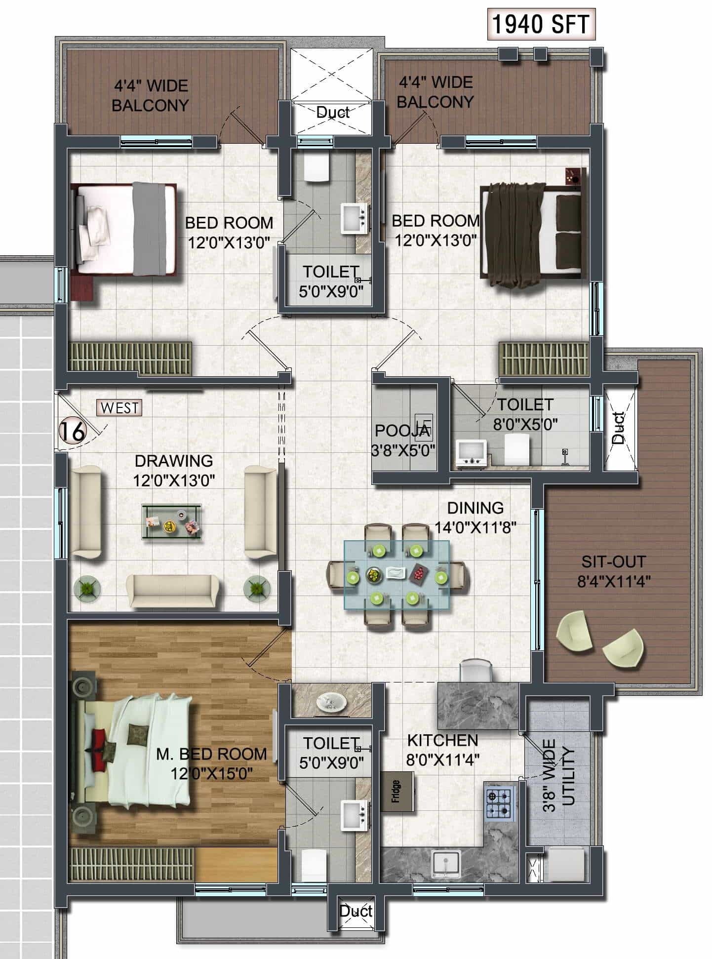 Floor plan of 3 BHK 1940 Sq. Ft. Apartment in Raghuram A2A Life Spaces, Hyderabad