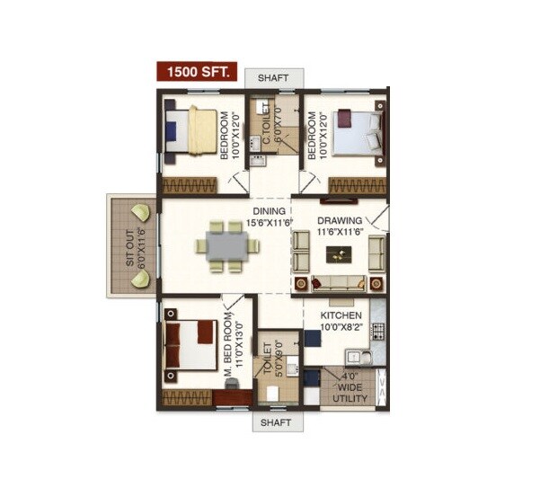 Floor plan of 3 BHK 1500 Sq. Ft. Apartment in Raghuram The Vue Residences, Hyderabad
