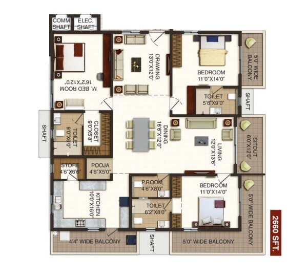 Floor plan of 3 BHK 2660 Sq. Ft. Apartment in Raghuram The Vue Residences, Hyderabad