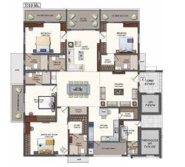 Floor plan of 4 BHK 3510 Sq. Ft. Apartment in Raghuram The Vue Residences, Hyderabad