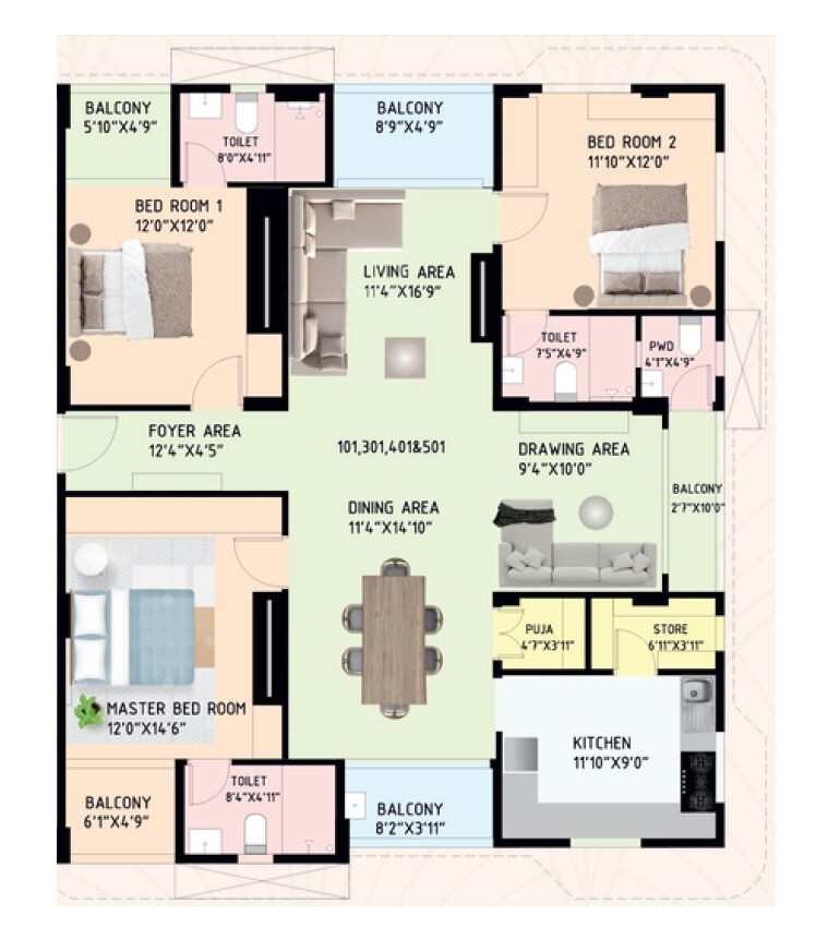Floor plan of 2 BHK 2000 Sq. Ft. Apartment in Raghuwanshi Aravinda, Hyderabad
