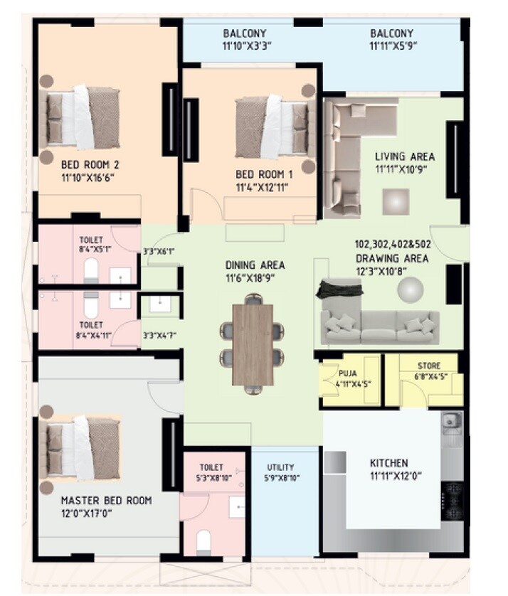 Floor plan of 3 BHK 2115 Sq. Ft. Apartment in Raghuwanshi Aravinda, Hyderabad