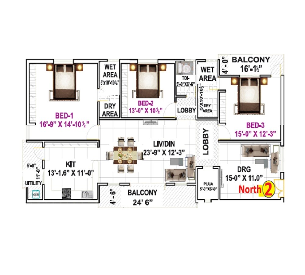 Floor plan of 3 BHK 2250 Sq. Ft. Apartment in Rainbow Indra Imperia, Hyderabad