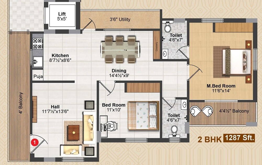 Floor plan of 2 BHK 1287 Sq. Ft. Apartment in Rainbow Krishna Kuteer, Hyderabad