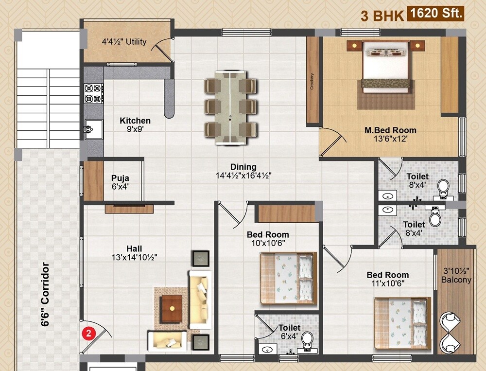 Floor plan of 3 BHK 1620 Sq. Ft. Apartment in Rainbow Krishna Kuteer, Hyderabad