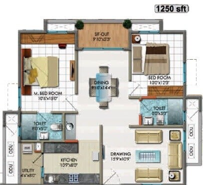 Floor plan of 2 BHK 1250 Sq. Ft. Apartment in Rainbow Vistas, Hyderabad