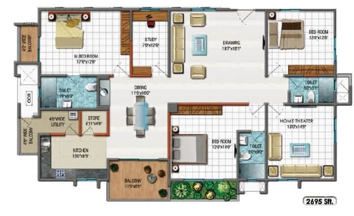 Floor plan of 3 BHK 2695 Sq. Ft. Apartment in Rainbow Vistas, Hyderabad