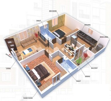 Floor plan of 2 BHK 1175 Sq. Ft. Apartment in Raja Happy Homes, Hyderabad