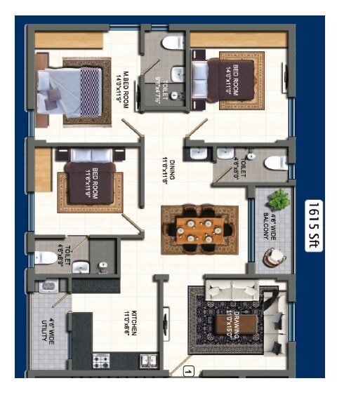 Floor plan of 3 BHK 1615 Sq. Ft. Apartment in Raja RR Livespace, Hyderabad