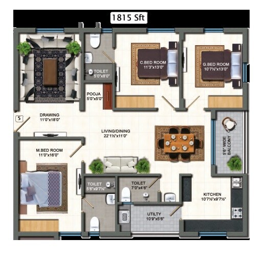 Floor plan of 3 BHK 1815 Sq. Ft. Apartment in Raja RR Livespace, Hyderabad