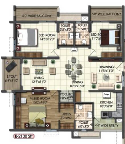 Floor plan of 3 BHK 2100 Sq. Ft. Apartment in Rajapushpa Atria, Hyderabad