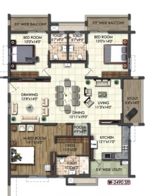 Floor plan of 3 BHK 2490 Sq. Ft. Apartment in Rajapushpa Atria, Hyderabad