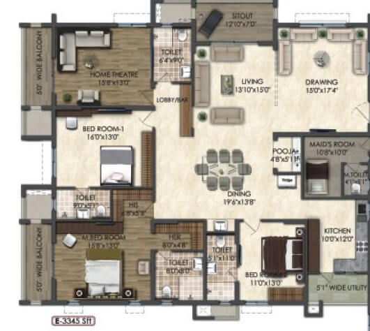 Floor plan of 3 BHK 3345 Sq. Ft. Apartment in Rajapushpa Atria, Hyderabad