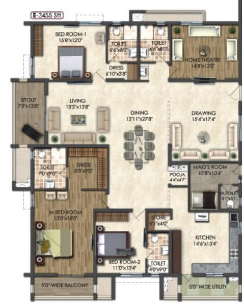 Floor plan of 3 BHK 3455 Sq. Ft. Apartment in Rajapushpa Atria, Hyderabad
