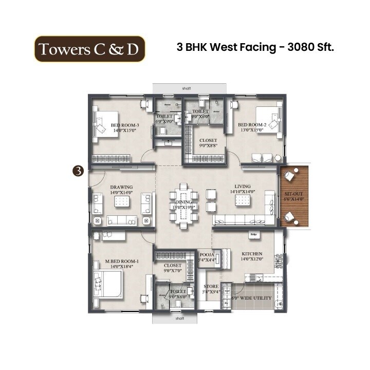 Floor plan of 3 BHK 3080 Sq. Ft. Apartment in Rajapushpa Infina, Hyderabad