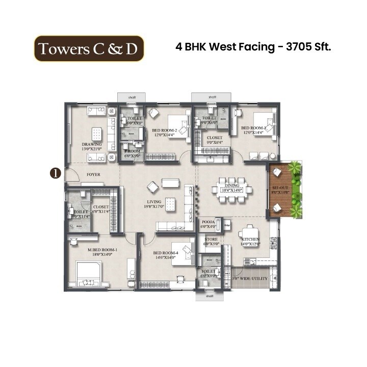 Floor plan of 4 BHK 3705 Sq. Ft. Apartment in Rajapushpa Infina, Hyderabad