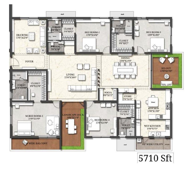 Floor plan of 4 BHK 5710 Sq. Ft. Apartment in Rajapushpa Presidentia, Hyderabad
