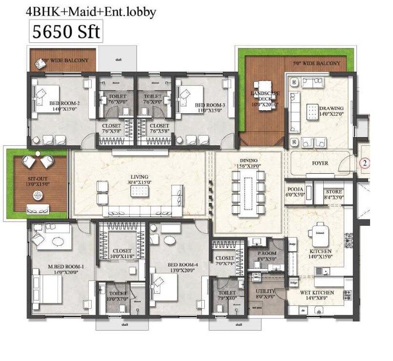 Floor plan of 4 BHK 5650 Sq. Ft. Apartment in Rajapushpa Presidentia, Hyderabad