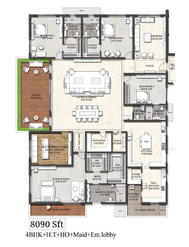 Floor plan of 4 BHK 8090 Sq. Ft. Apartment in Rajapushpa Presidentia, Hyderabad