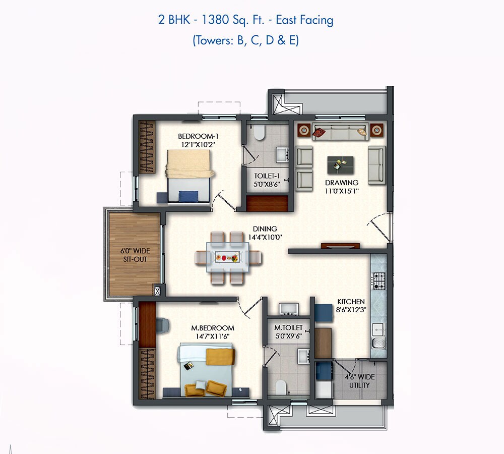 Floor plan of 2 BHK 1380 Sq. Ft. Apartment in Rajapushpa Pristinia, Hyderabad