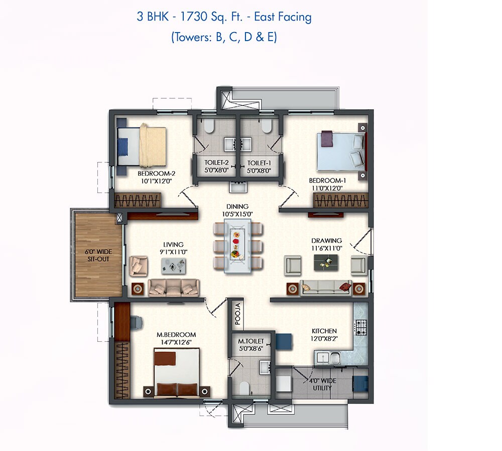 Floor plan of 3 BHK 1730 Sq. Ft. Apartment in Rajapushpa Pristinia, Hyderabad