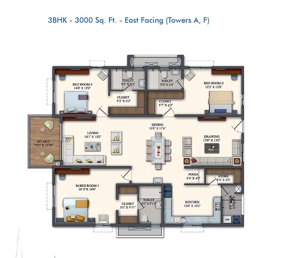 Floor plan of 3 BHK 3000 Sq. Ft. Apartment in Rajapushpa Pristinia, Hyderabad