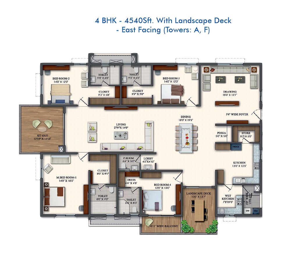 Floor plan of 4 BHK 4540 Sq. Ft. Apartment in Rajapushpa Pristinia, Hyderabad