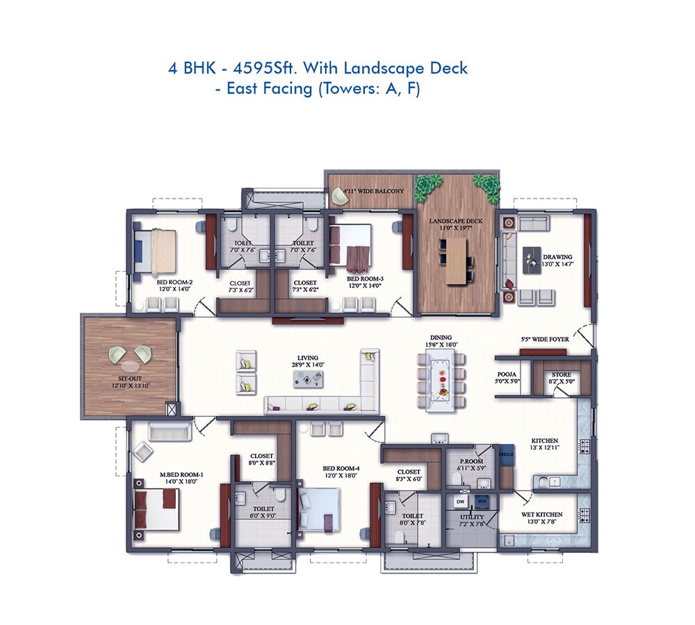 Floor plan of 4 BHK 4595 Sq. Ft. Apartment in Rajapushpa Pristinia, Hyderabad