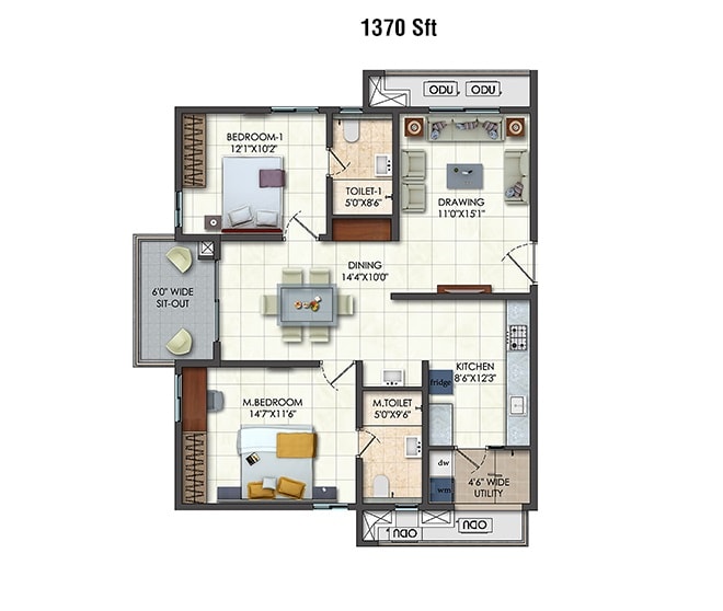 Floor plan of 2 BHK 1370 Sq. Ft. Apartment in Rajapushpa Provincia, Hyderabad