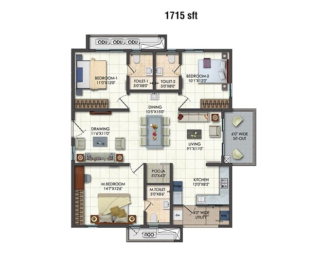Floor plan of 3 BHK 1715 Sq. Ft. Apartment in Rajapushpa Provincia, Hyderabad
