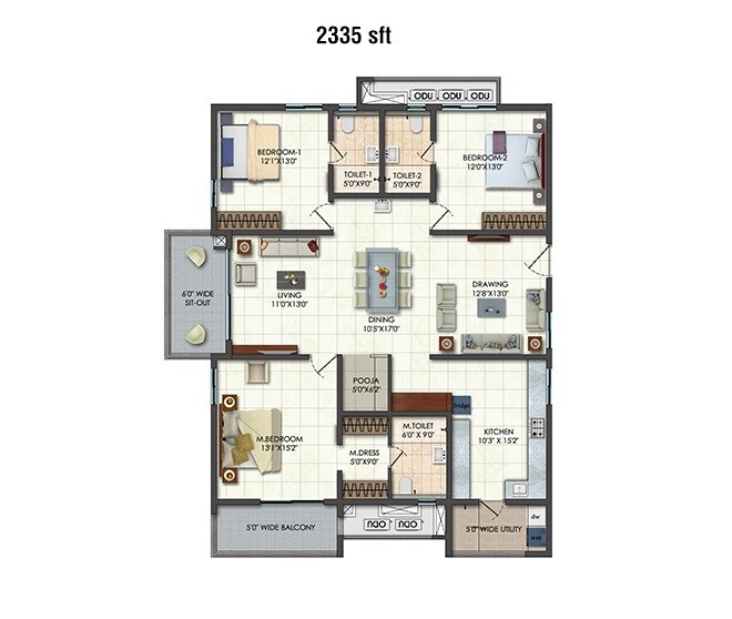 Floor plan of 3 BHK 2335 Sq. Ft. Apartment in Rajapushpa Provincia, Hyderabad