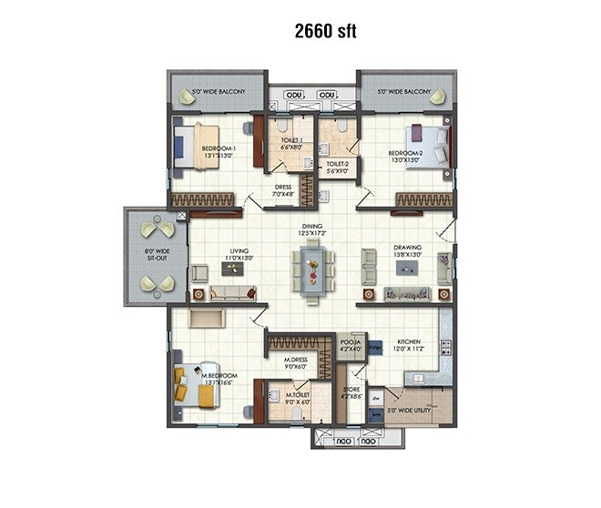 Floor plan of 3 BHK 2660 Sq. Ft. Apartment in Rajapushpa Provincia, Hyderabad