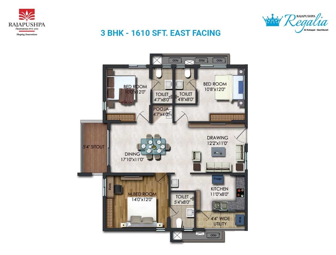 Floor plan of 3 BHK 1610 Sq. Ft. Apartment in Rajapushpa Regalia, Hyderabad