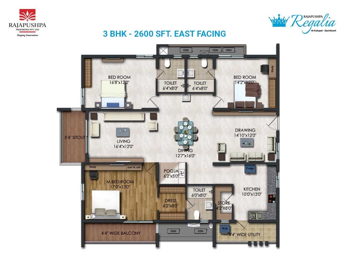 Floor plan of 3 BHK 2600 Sq. Ft. Apartment in Rajapushpa Regalia, Hyderabad