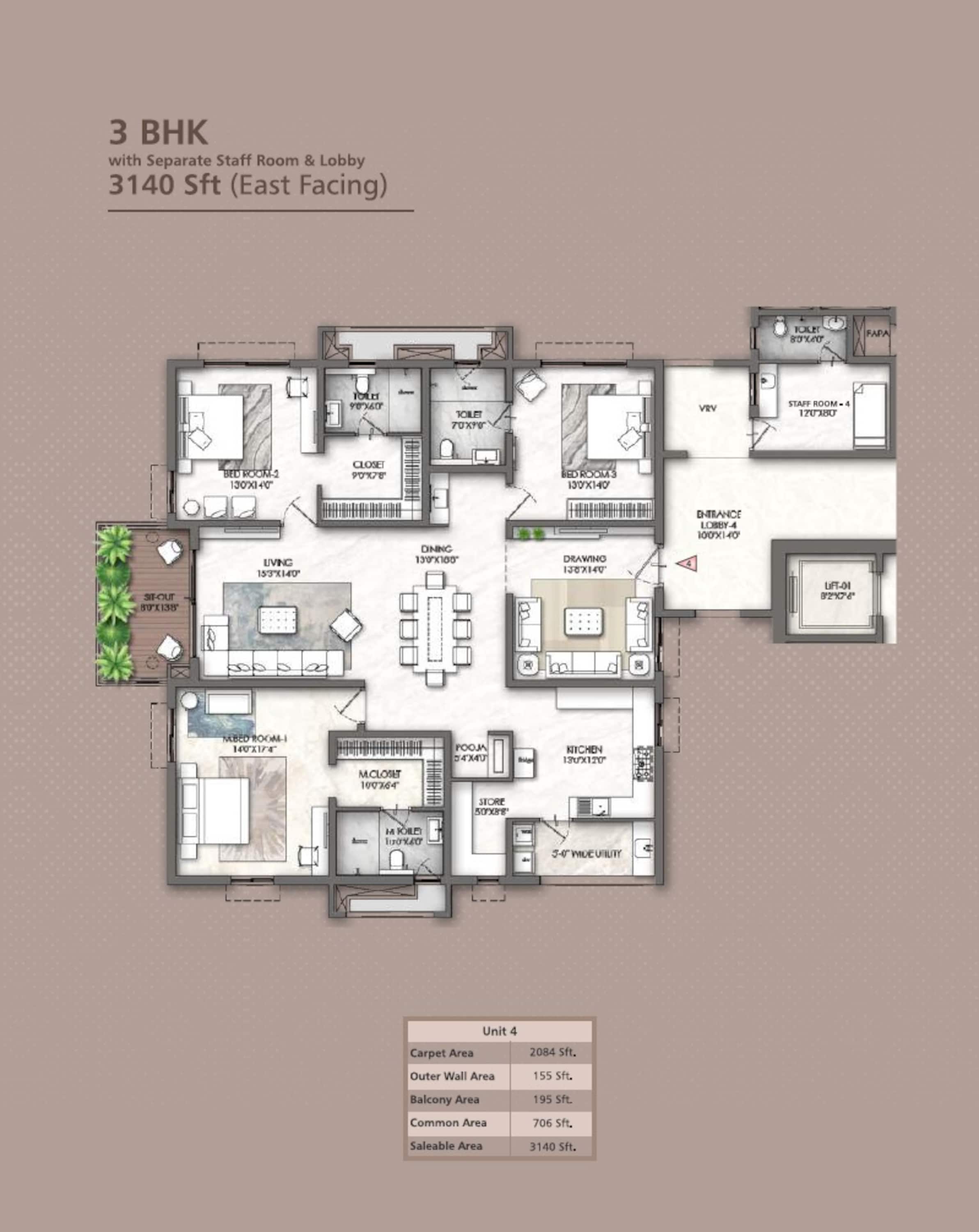 3 BHK 3140 Sq. Ft. Apartment in Rajapushpa Skyra