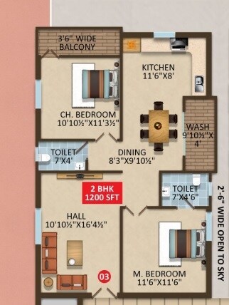 Floor plan of 2 BHK 1200 Sq. Ft. Apartment in Rajesh Raj Mahadev, Hyderabad