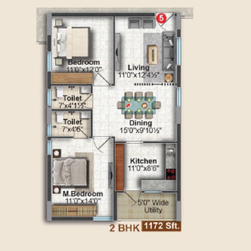 Floor plan of 2 BHK 1172 Sq. Ft. Apartment in Rami Reddy Laxmi Ram Haran, Hyderabad
