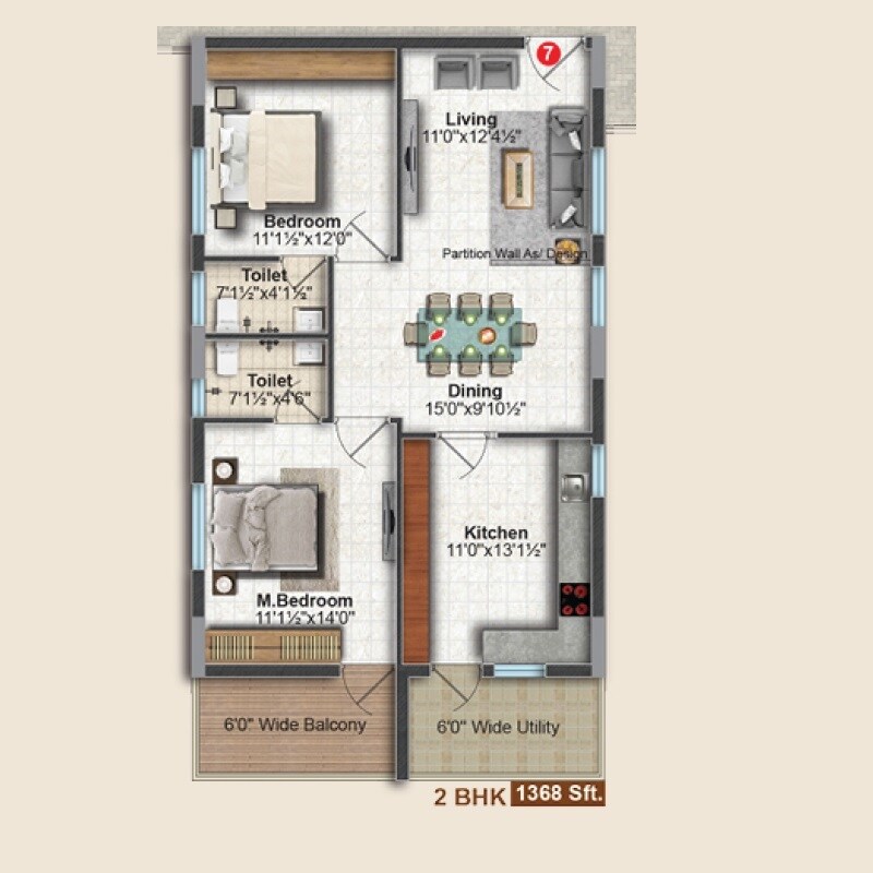 Floor plan of 2 BHK 1368 Sq. Ft. Apartment in Rami Reddy Laxmi Ram Haran, Hyderabad