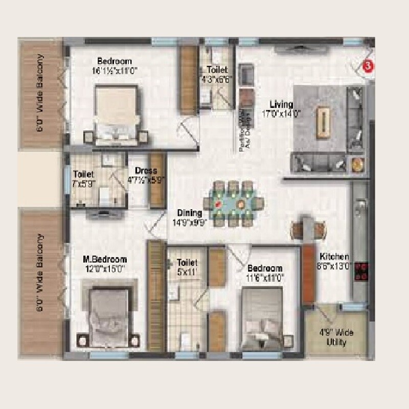 Floor plan of 3 BHK 1925 Sq. Ft. Apartment in Rami Reddy Laxmi Ram Haran, Hyderabad