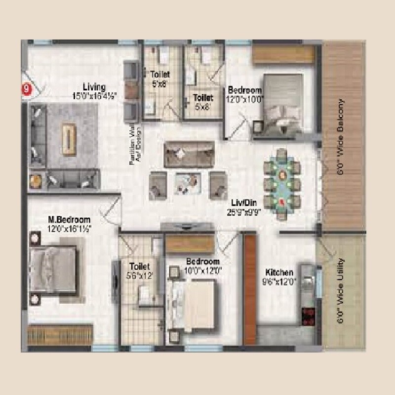 Floor plan of 3 BHK 2540 Sq. Ft. Apartment in Rami Reddy Laxmi Ram Haran, Hyderabad