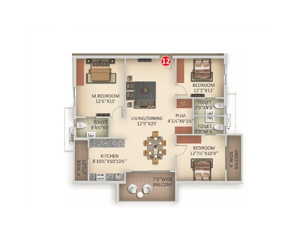 Floor plan of 3 BHK 1615 Sq. Ft. Apartment in Rami Reddy Tower, Hyderabad