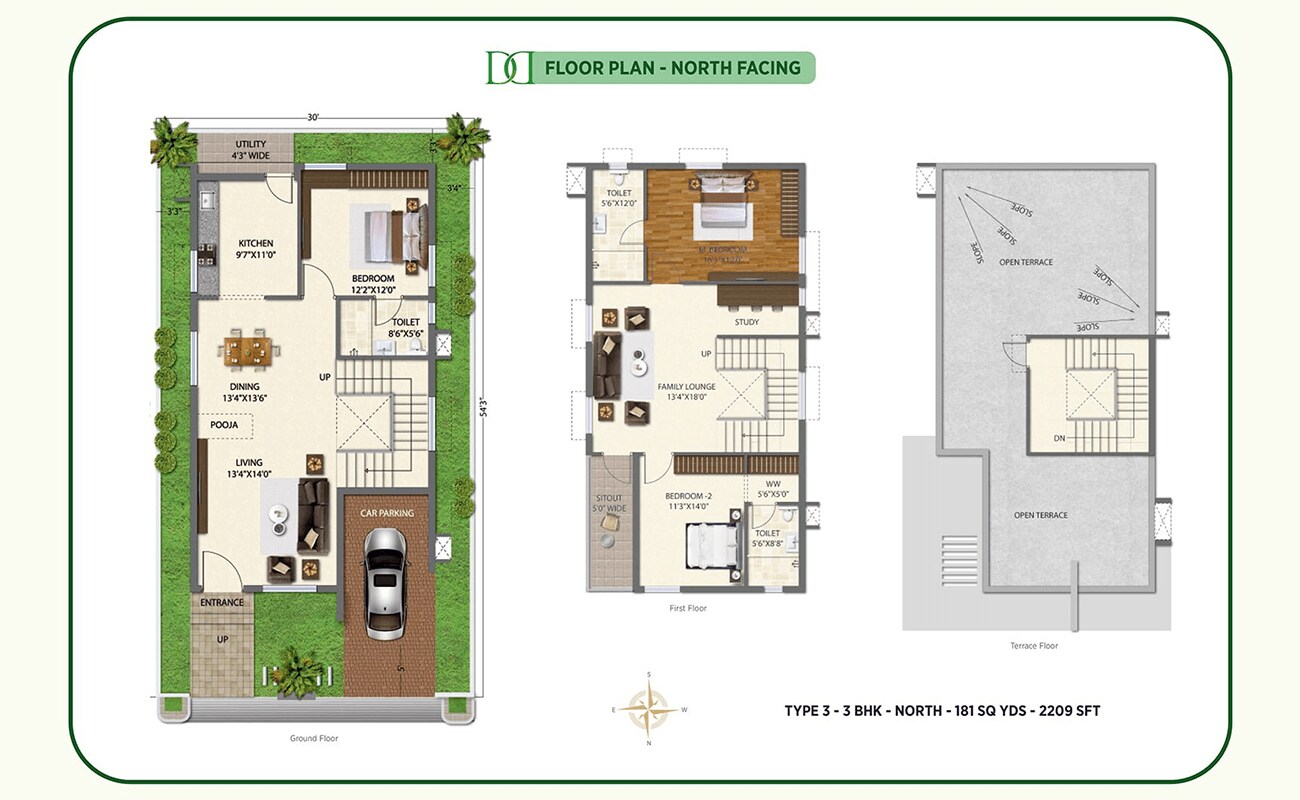 Floor plan of 3 BHK 2209 Sq. Ft. Villa in Ramky Discovery City The Huddle, Hyderabad