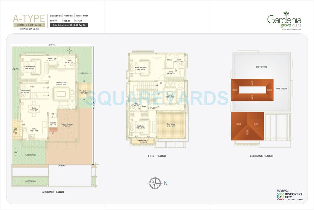 Floor plan of 3 BHK 1917 Sq. Ft. Villa in Ramky Gardenia Grove Villas, Hyderabad