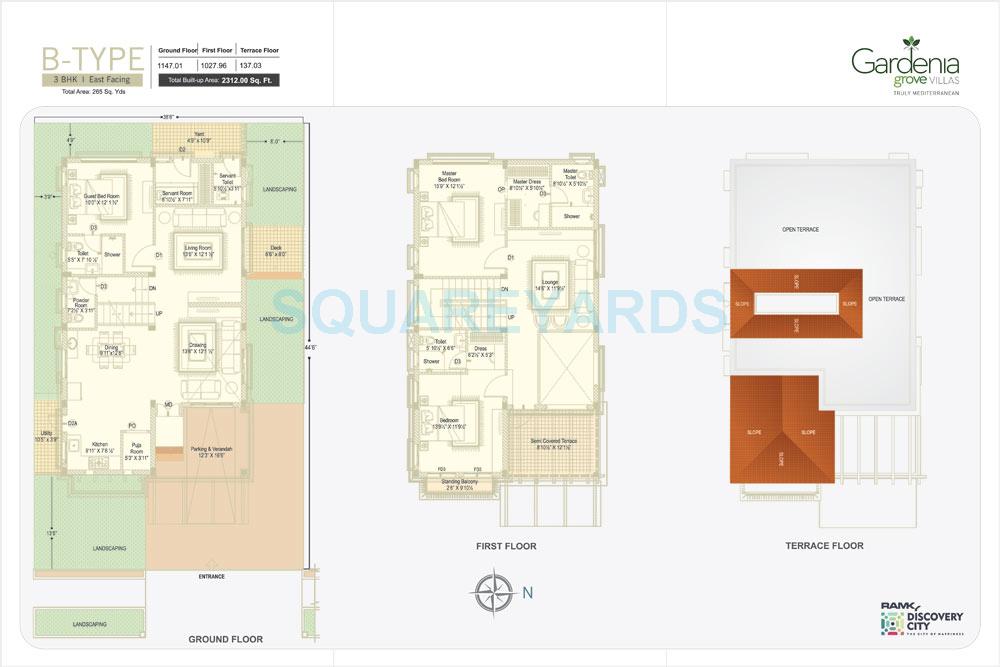 Floor plan of 3 BHK 2312 Sq. Ft. Villa in Ramky Gardenia Grove Villas, Hyderabad