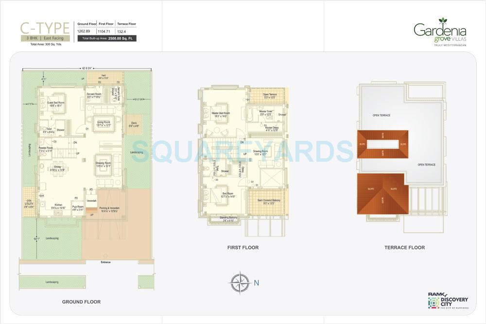 Floor plan of 3 BHK 2500 Sq. Ft. Villa in Ramky Gardenia Grove Villas, Hyderabad