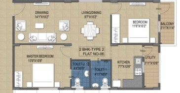 Floor plan of 2 BHK 1025 Sq. Ft. Apartment in Ramky Greenview Apartments, Hyderabad
