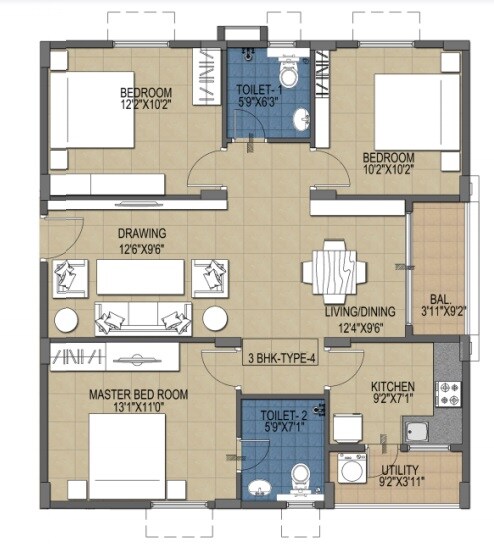 Floor plan of 3 BHK 1160 Sq. Ft. Apartment in Ramky Greenview Apartments, Hyderabad